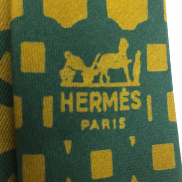 Hermes Vintage Men's Tie Gold and Green 214 FA - Picture 2 of 6
